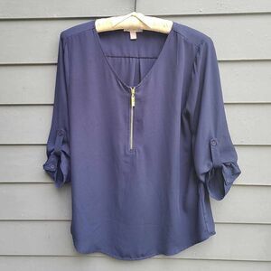 Roz & Ali Navy Zip Front Peasant Top size Medium